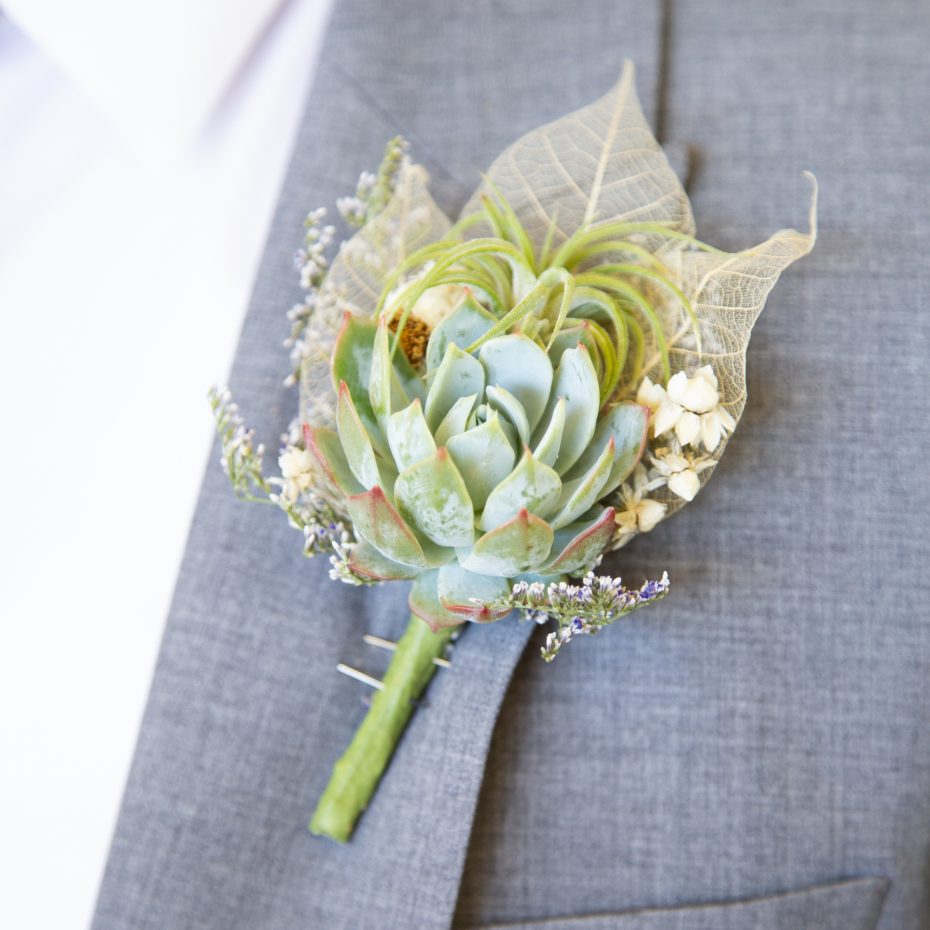 groom boutonniere succulent wedding blue succulent air plant skeleton leaves