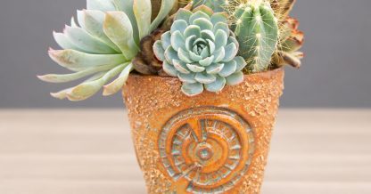 hand built ceramic pottery succulents susan aach copper blue orange