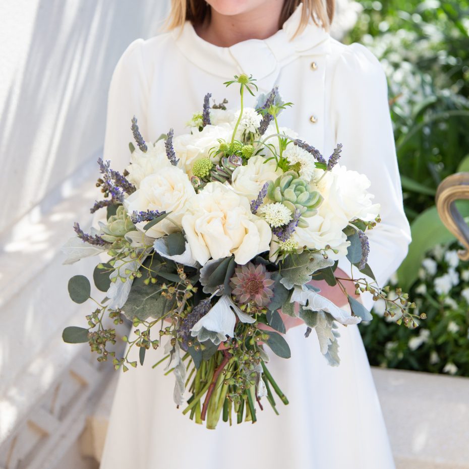 white purple blue silver roses succulent wedding bouquet bride