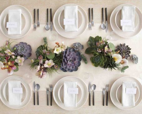 purple succulents wedding table centerpiece orchids