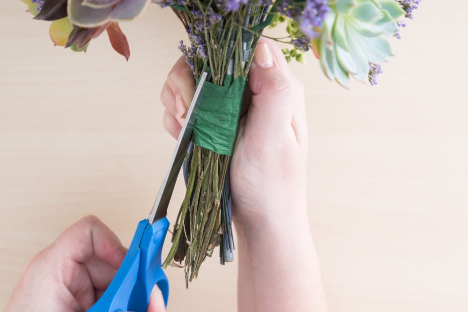 cut tape off of bouquet to save succulents for arrangement