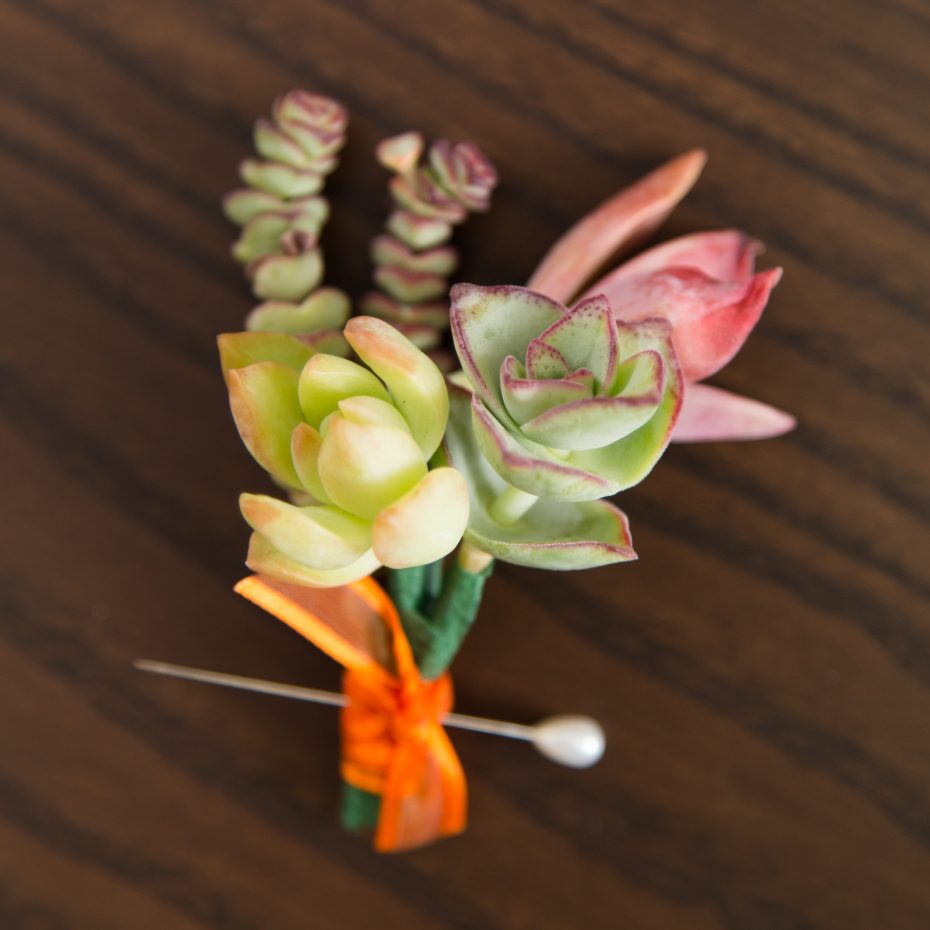 pink orange green succulent boutonniere diy