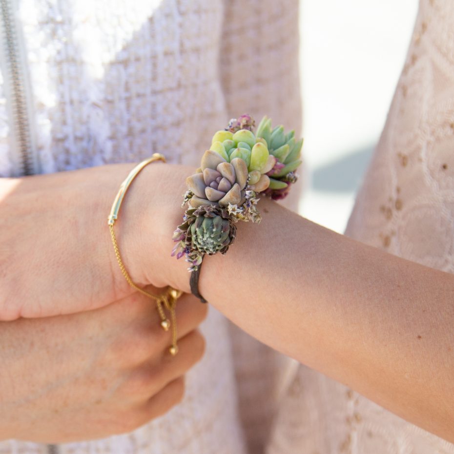 wrist corsage wedding succulents purple green