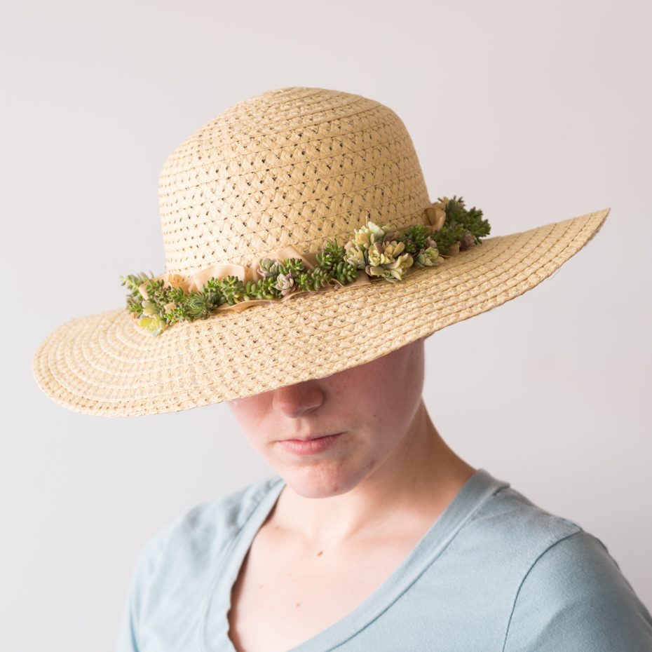 straw hat with live succulents along ribbon band