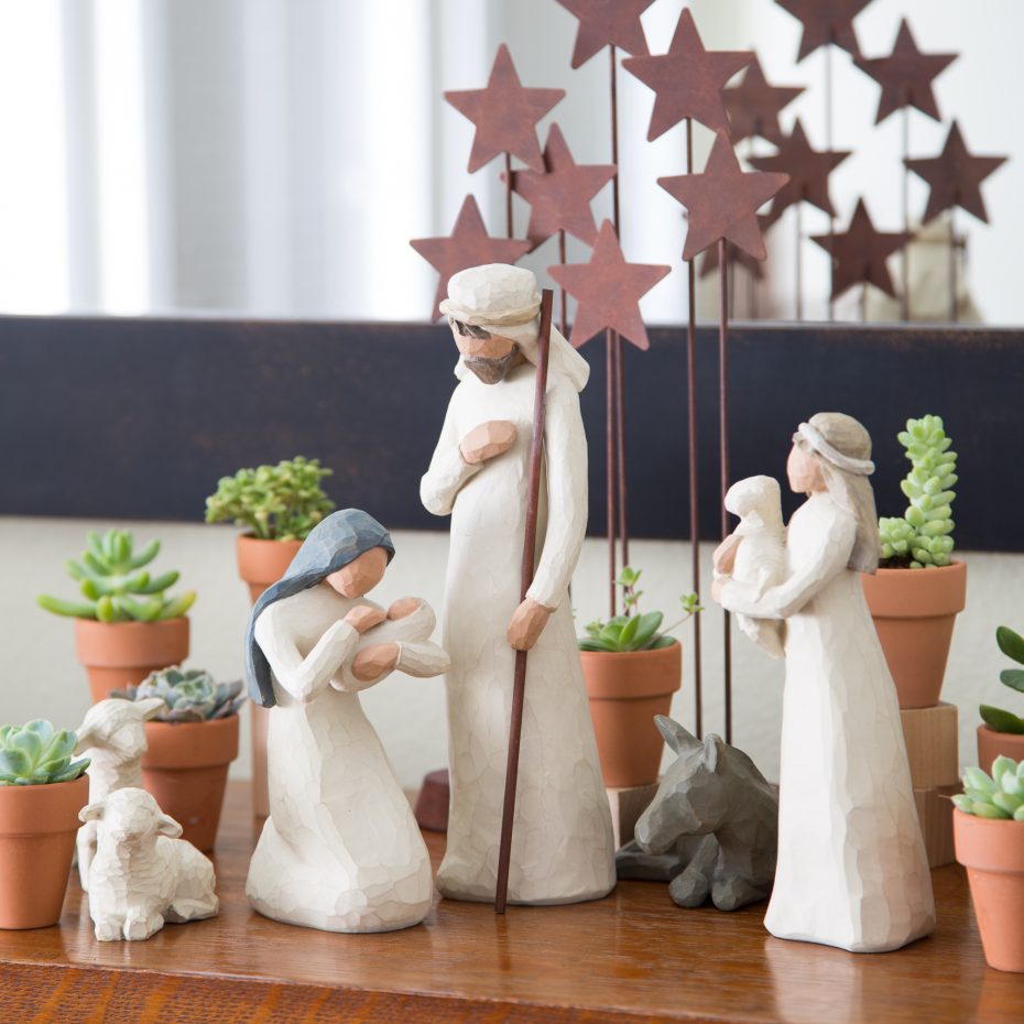 christmas nativity scene decorated with succulents