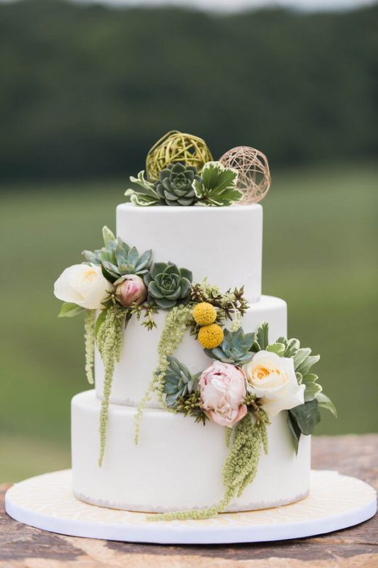 blue green succulent peony millet wedding cake