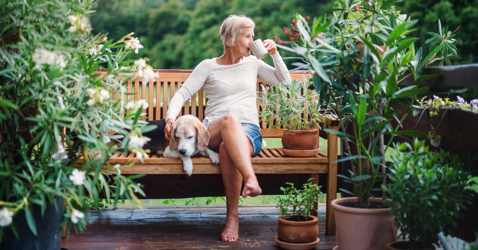 Adobe Stock Halfpoint woman with dog on bench drinking coffee surrounded by plants garden