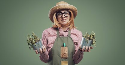 Adobe Stock Sokkete woman holding dead plants with hat apron